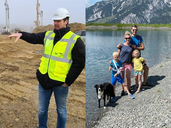 Man on construction site and then with his family
