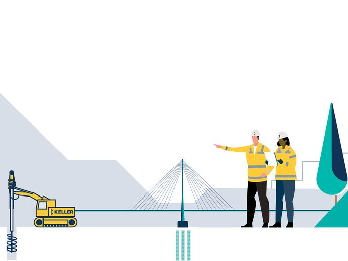 Keller illustration of employees and rig