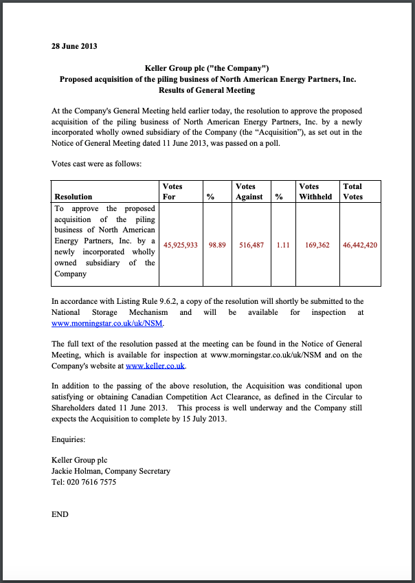 Announcement of the 28 June 2013 General Meeting results