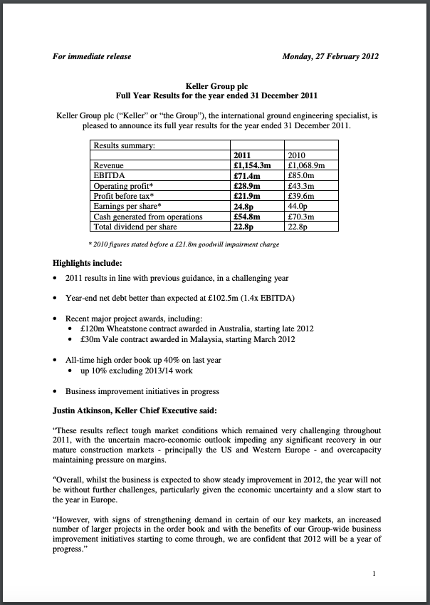 Full Year Results Announcement for the year ended 31 December 2011