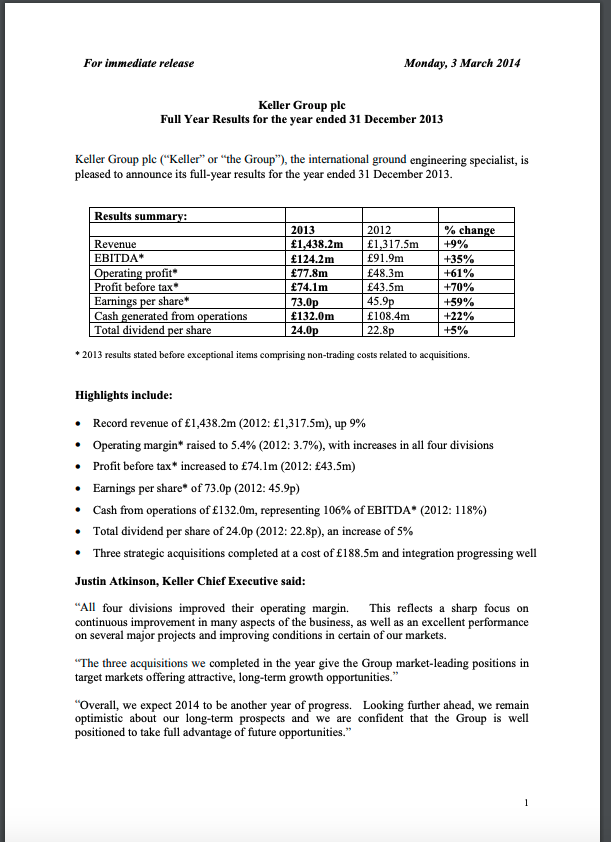 Full Year Results Announcement for the year ended 31 Dec 2013