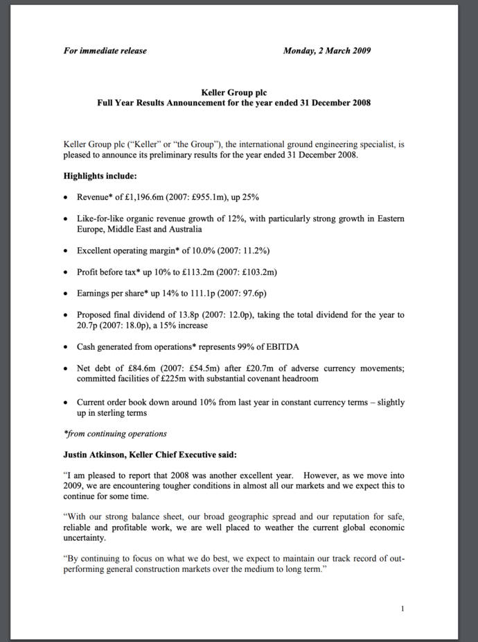 Full Year Results Announcement for the year ended 31 December 2008