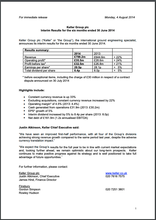 Interim Results Announcement for the six months ended 30 Jun 2014