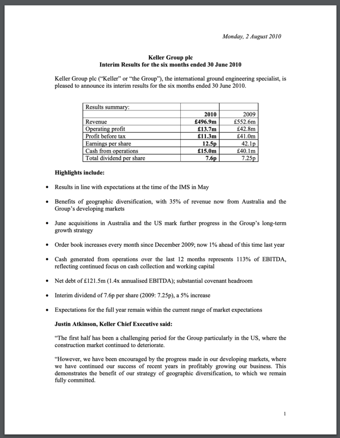 Interim Results Announcement for the six months ended 30 June 2010