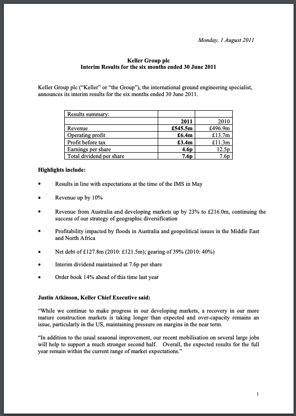 Interim Results Announcement for the six months ended 30 June 2011