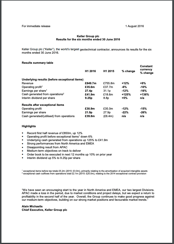 Interim Results Announcement for the six months ended 30 June 2016