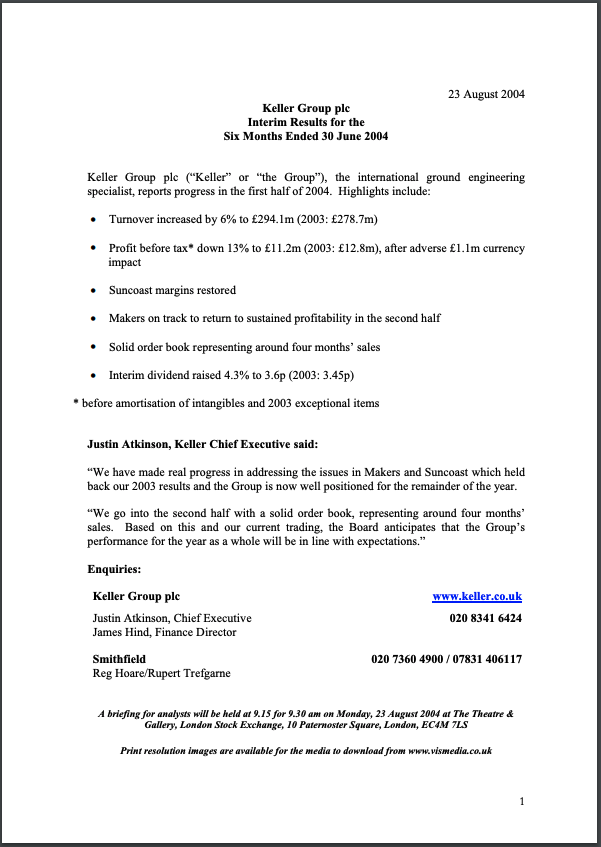 Interim results for the six months ended 30 June 2004