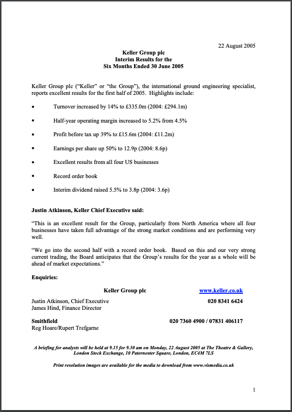 Interim Results for the Six Months Ended 30 June 2005