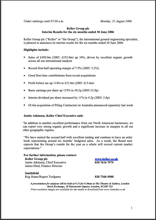Interim Results for the six months ended 30 June 2006