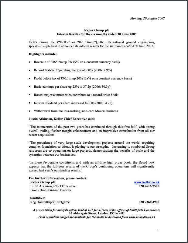 Interim Results for the six months ended 30 June 2007