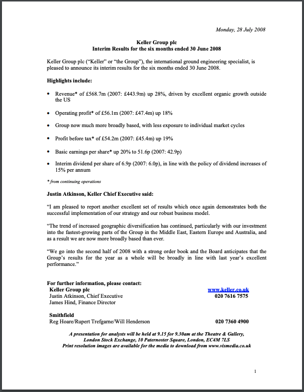 Interim Results for the six months ended 30 June 2008