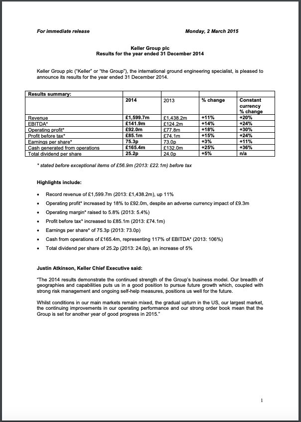 Preliminary Results Announcement for the year ended 31 Dec 2014