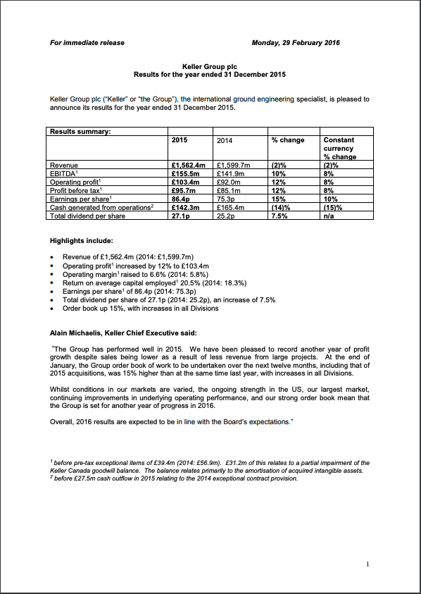 Preliminary Results Announcement for the year ended 31 December 2015