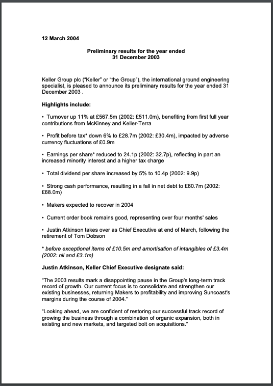 Preliminary results for the year 31 Dec 2003 - release