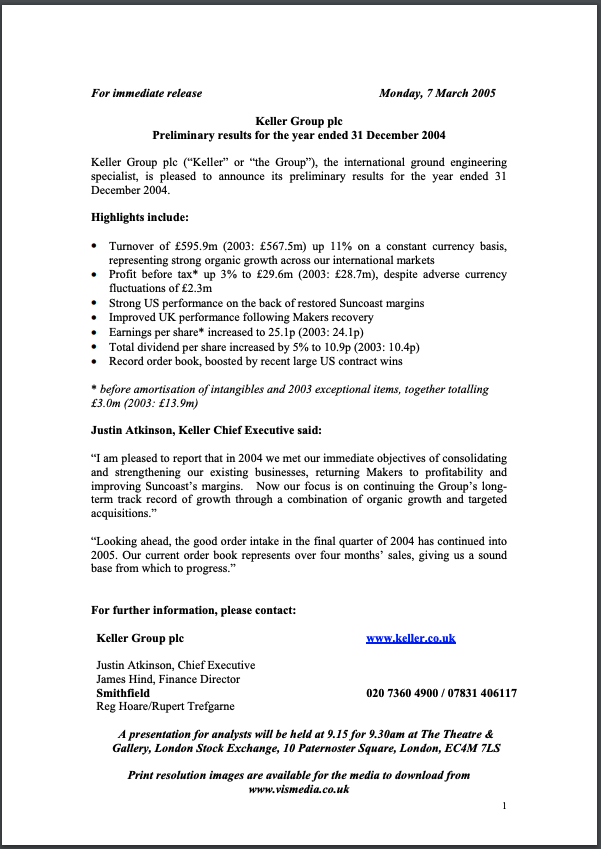Preliminary results for the year ended 31 December 2004