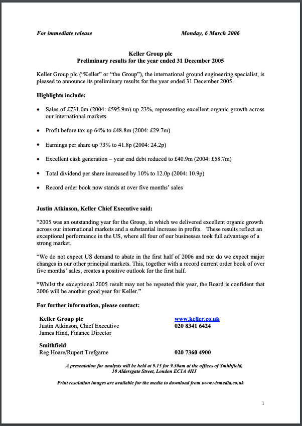 Preliminary results for the year ended 31 December 2005