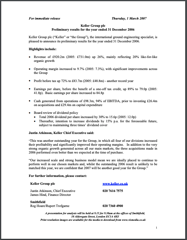 Preliminary results for the year ended 31 December 2006