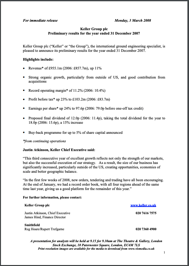 Preliminary results for the year ended 31 December 2007