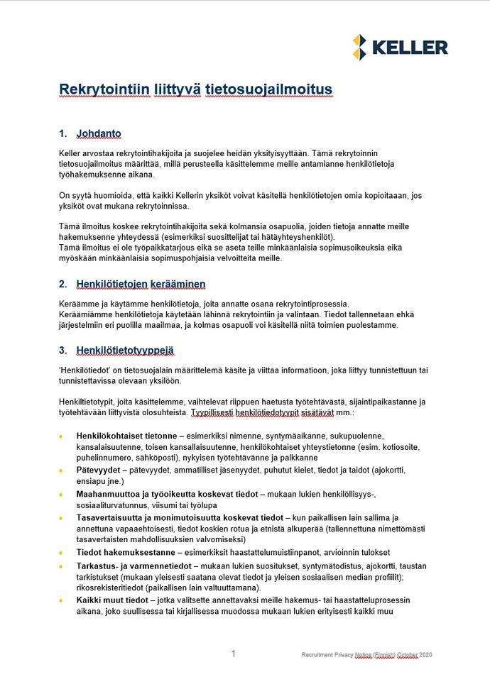 Recruitment privacy notice - Finnish - front cover