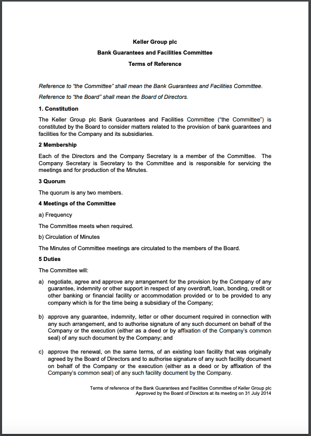 Terms of Reference - Bank Guarantees and Facilities Committee