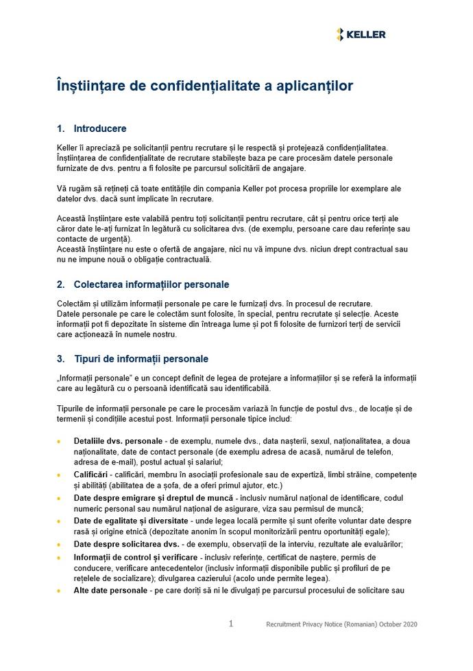 Recruitment privacy notice - Romanian