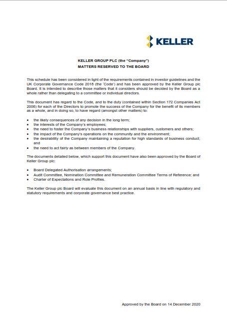 matters reserved for the board of keller plc document