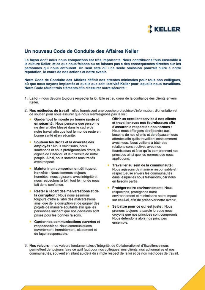 Code of Business Conduct summary - French
