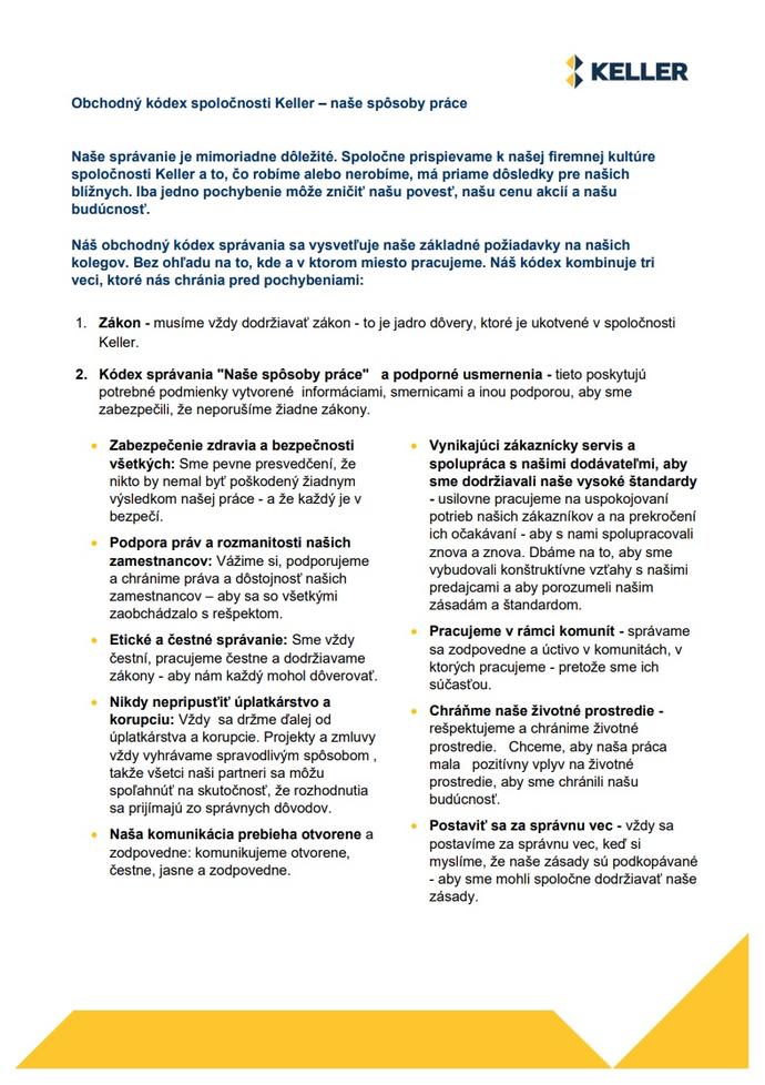 Code of Business Conduct summary - Slovak